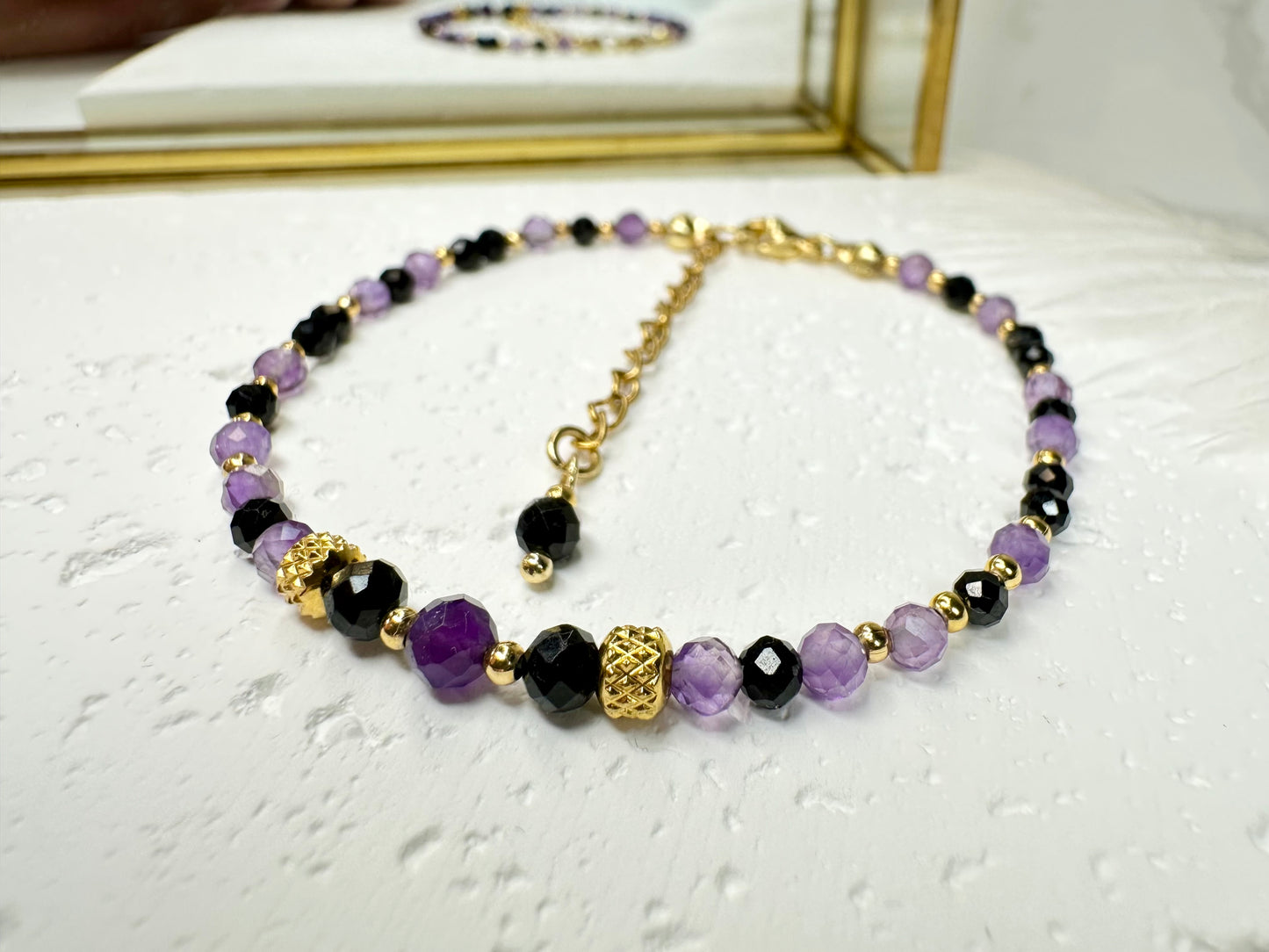 Beaded Black Tourmaline & Amethyst Bracelet