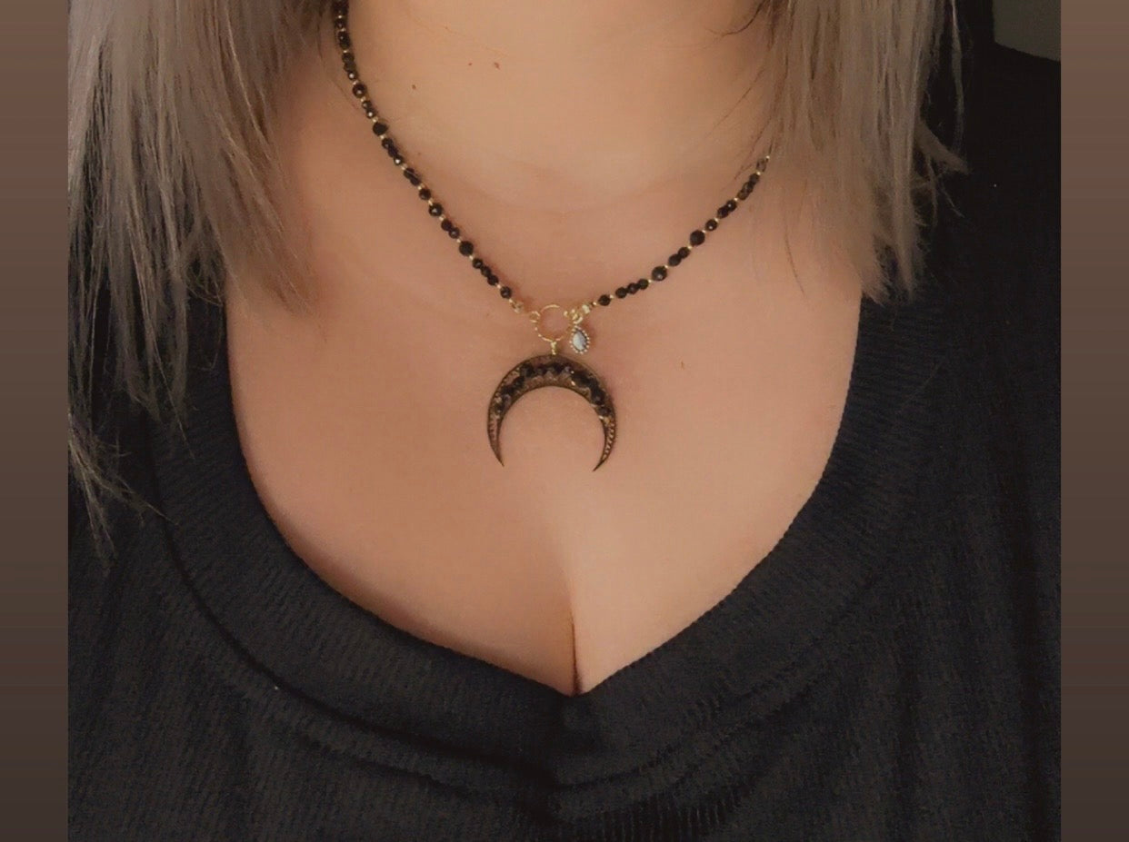 Black Tourmaline Crescent Moon Necklace – Protection & Power
