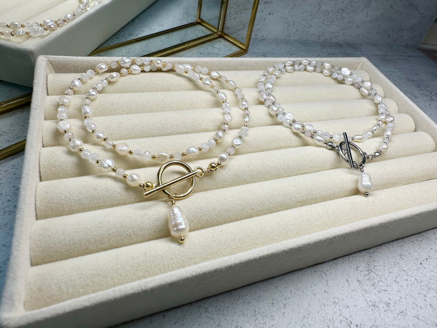 Freshwater Pearl• Moonstone • Rose Quartz Necklace • Baroque Pearl  Toggle Clasp