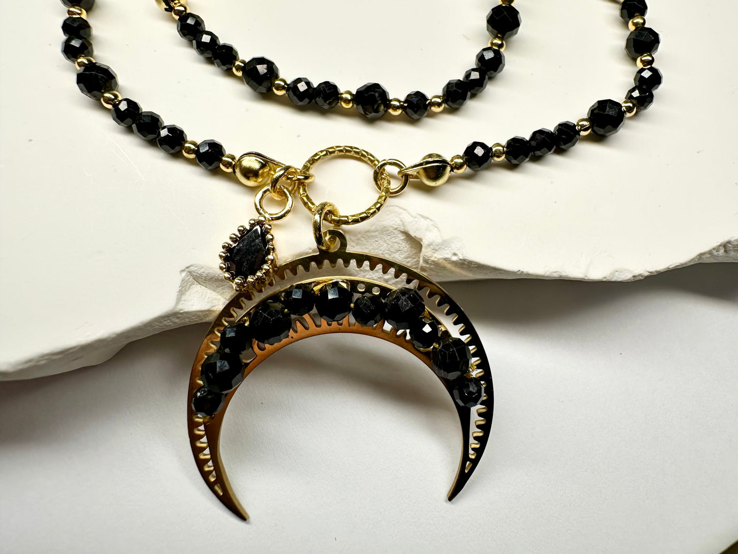Black Tourmaline Crescent Moon Necklace – Protection & Power