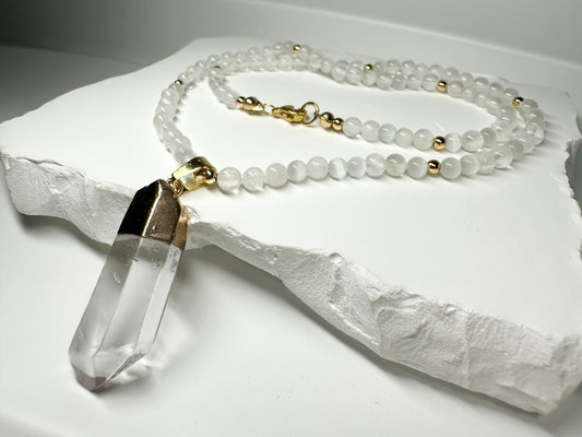 Selenite & Raw Crystal Quartz Necklace – Gold-Capped Pendant | Handmade Energy Amplifier for Clarity & Cleansing