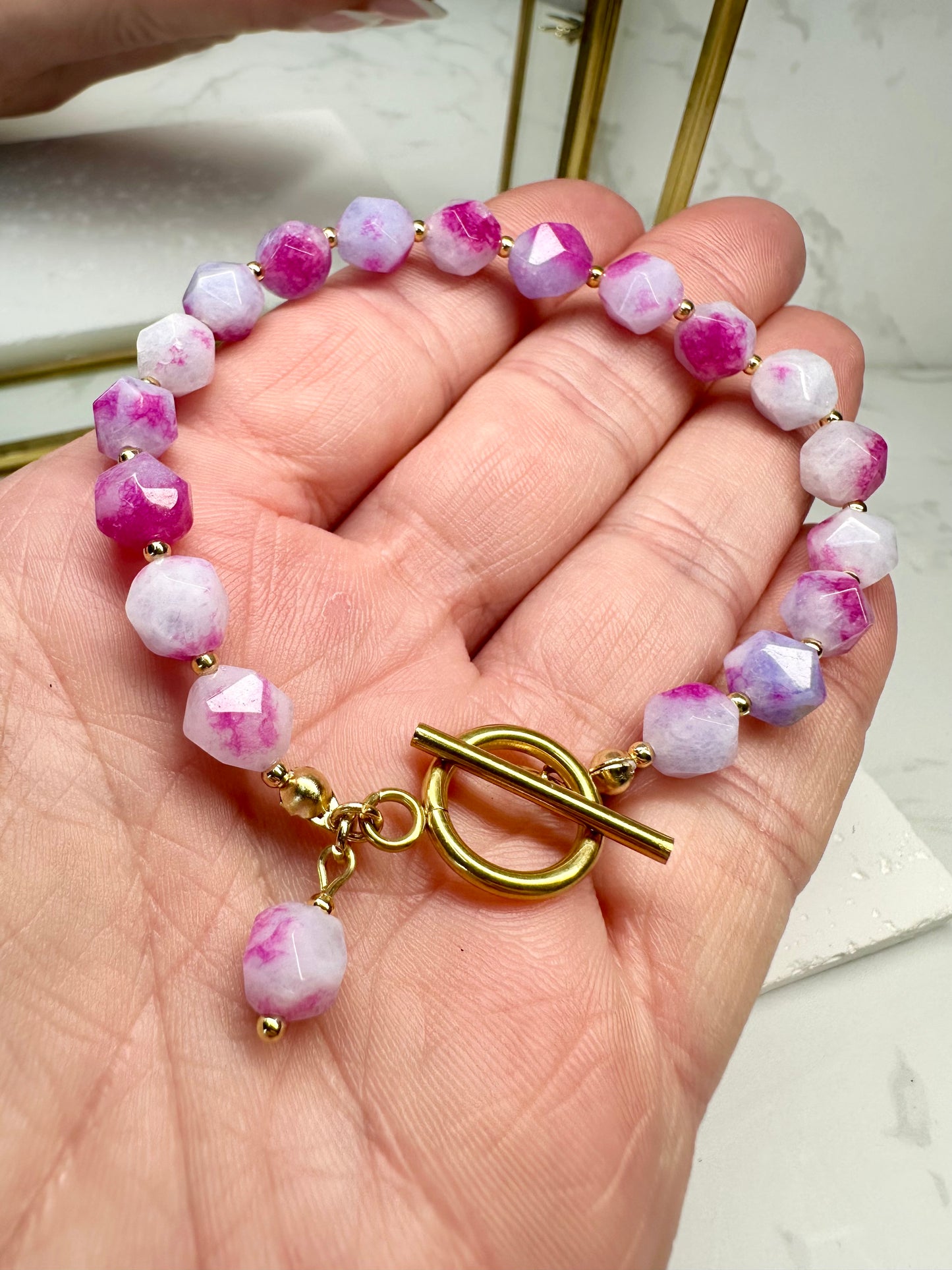 Two‑Tone Purple Pink Jade Bracelet • 8mm•Toggle Clasp