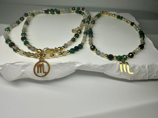 Scorpio Zodiac Set – Black Tourmaline, Malachite & Labradorite Necklace + Bracelet