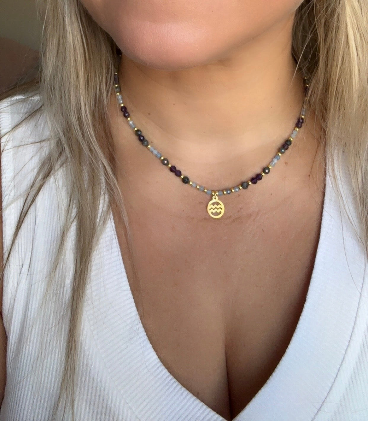 Aquarius Zodiac Necklace – Amethyst, Labradorite & Aquamarine for Intuition & Flow