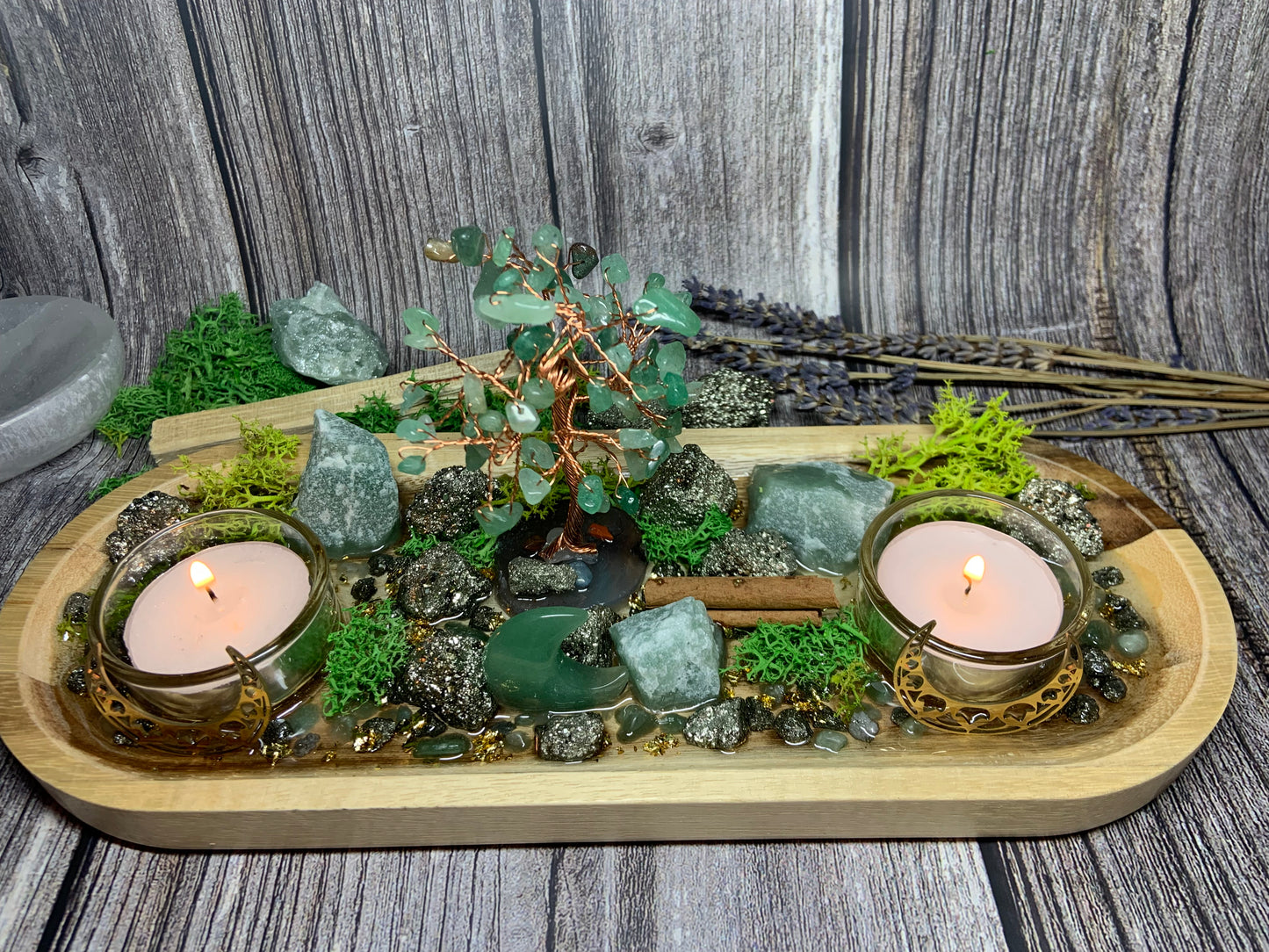 Prosperity Altar Tray, Money Pyrite & Green Aventurine Money Tree Candle Holder , Wealth Manifestation Decor, Abundance Ritual Crystal Gift