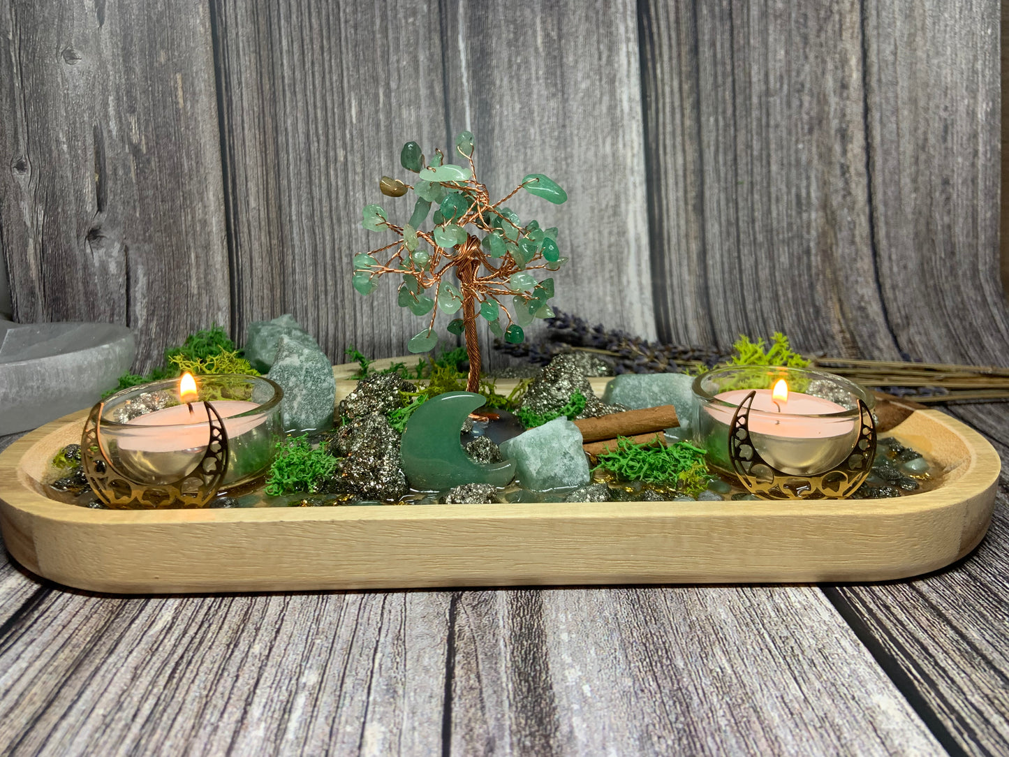 Prosperity Altar Tray, Money Pyrite & Green Aventurine Money Tree Candle Holder , Wealth Manifestation Decor, Abundance Ritual Crystal Gift