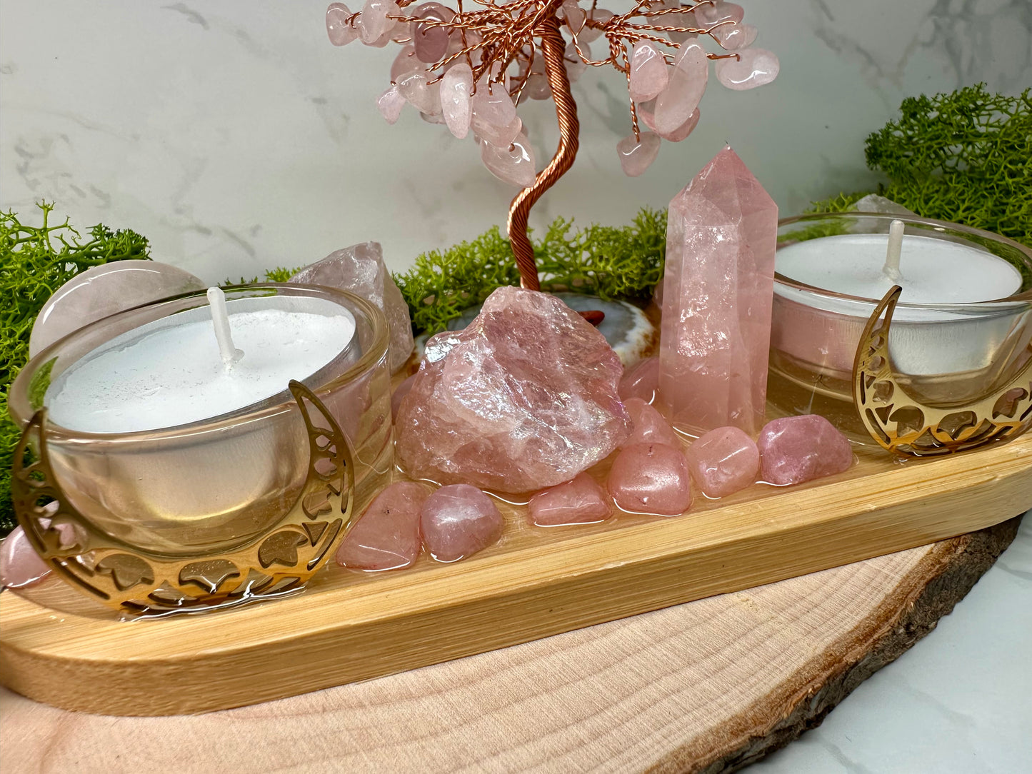 Love & Self‑Love Crystal Candle Holder | Rose Quartz Altar Tray | Divine Feminine Ritual Decor, Spiritual Gift,