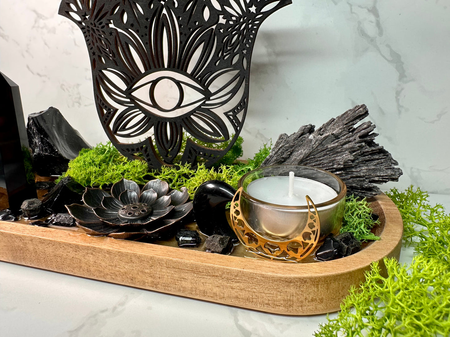 Black Tourmaline, Obsidian Protection Tray | Hamsa Hand Evil Eye Decor | Resin Altar Tray with Incense Holder | Ritual Decor, Spiritual Gift