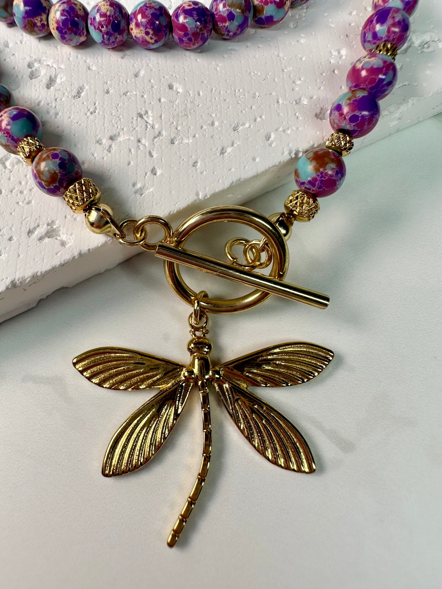 Purple Blue Sea Sediment Imperial Jasper Necklace-Barogue Pearl -Dragonfly Pendant