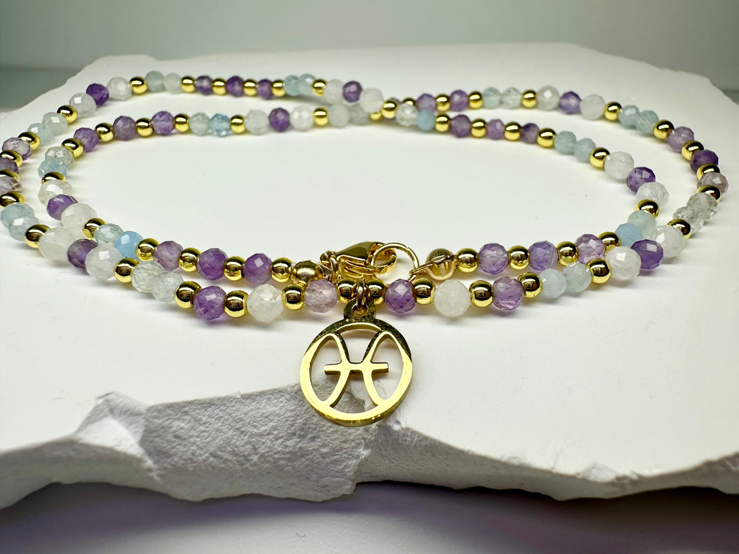 Pisces Zodiac Necklace – Moonstone, Aquamarine & Amethyst Beads for Intuition & Flow