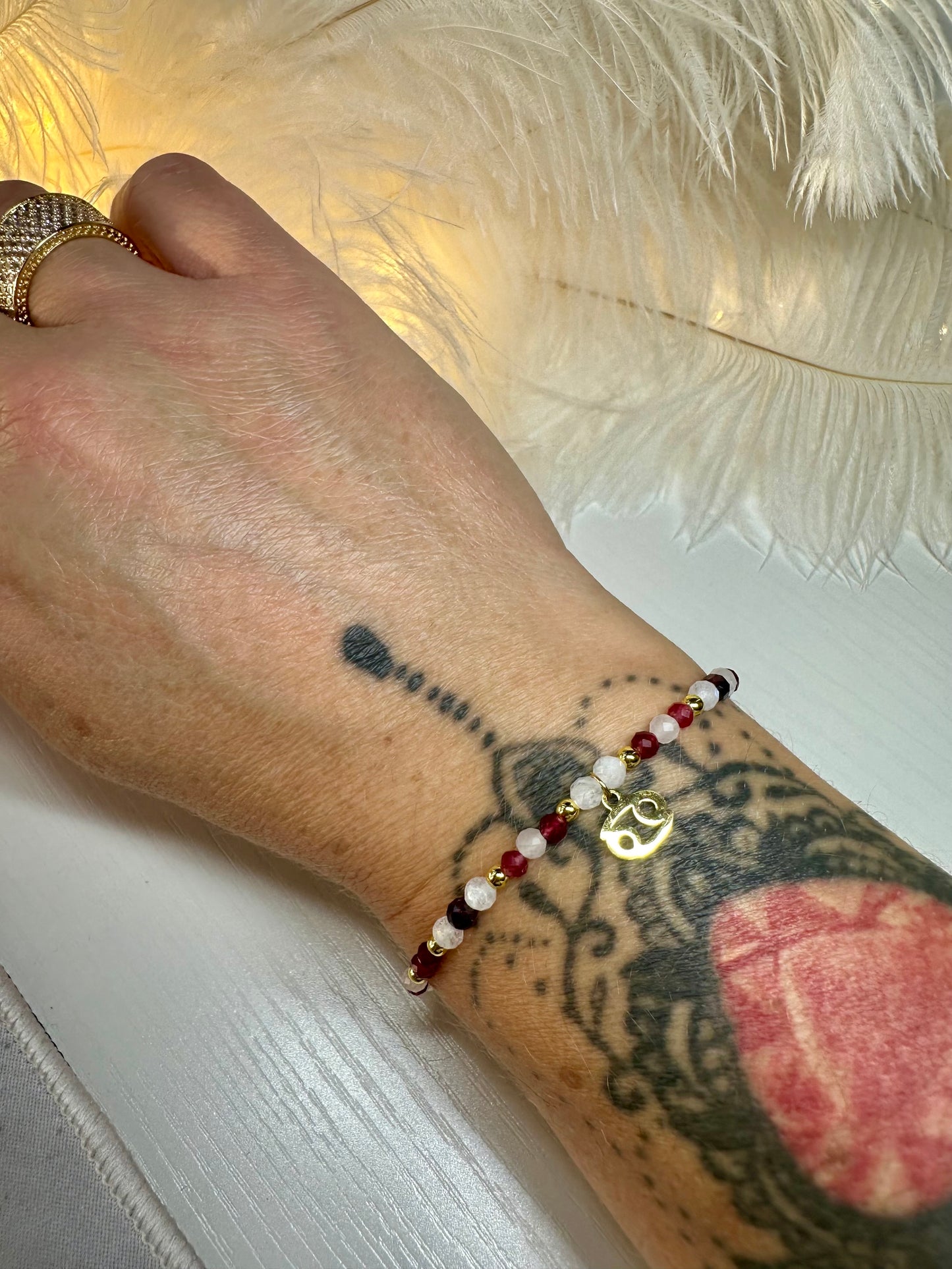 Handmade Cancer Zodiac Bracelet – Ruby, Rose Quartz & Moonstone Beaded Crystal Jewelry Astrology Birthday Gift