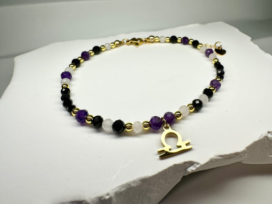 Libra Zodiac Bracelet – Black Tourmaline, Amethyst & Rose Quartz | Handmade Spiritual Jewellery