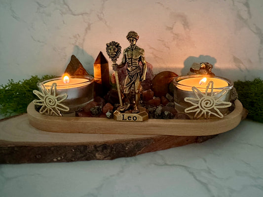 Leo Zodiac Crystal Tray • Tiger Eye, Sunstone & Pyrite • Handmade Leo Altar
