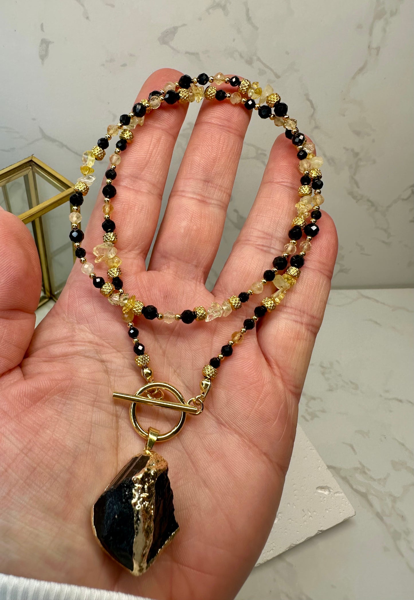 Black Tourmaline & Citrine Necklace with Raw Pendant