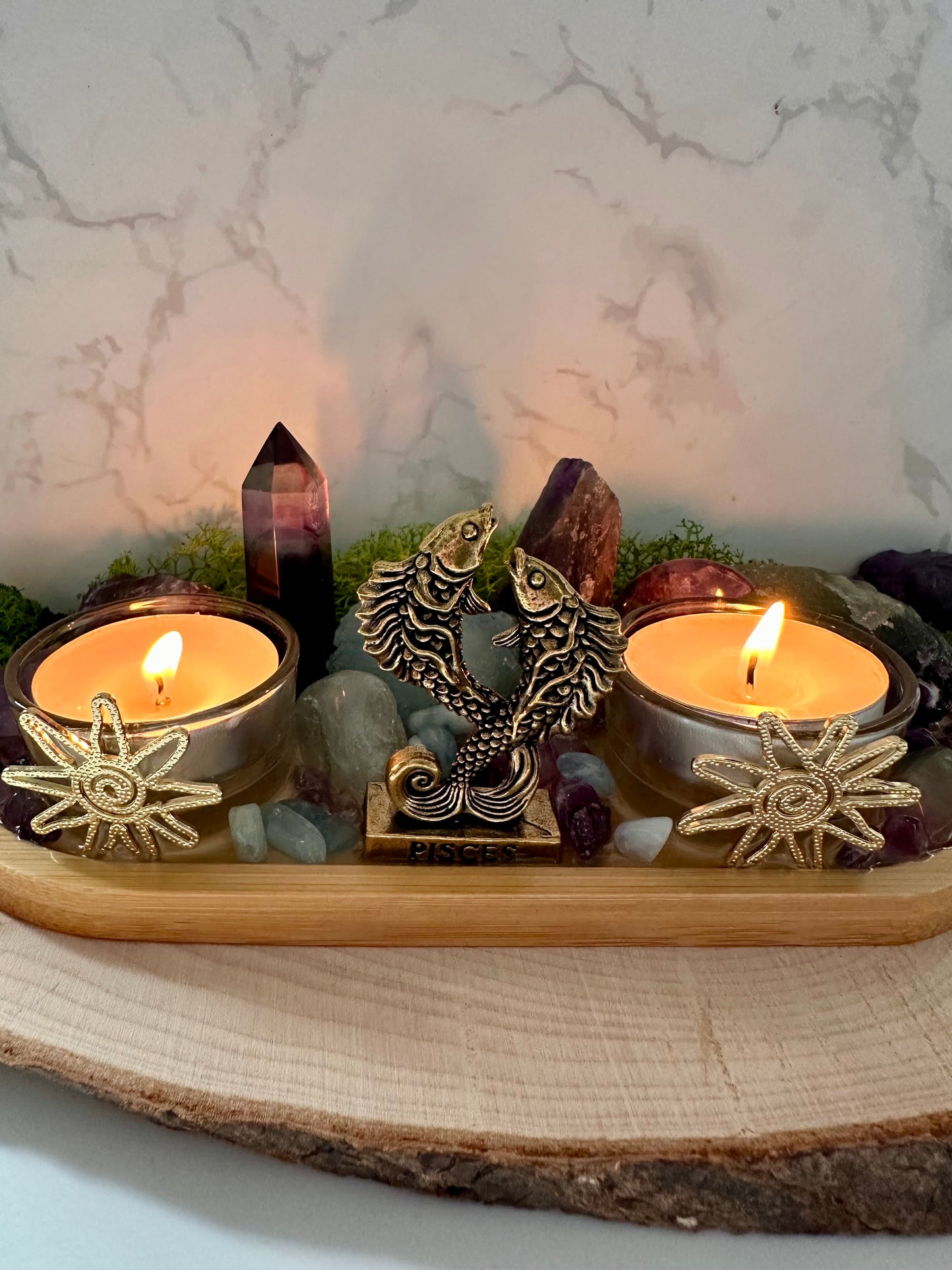 Pisces Zodiac Crystal Altar • Rainbow Fluorite, Aquamarine & Amethyst