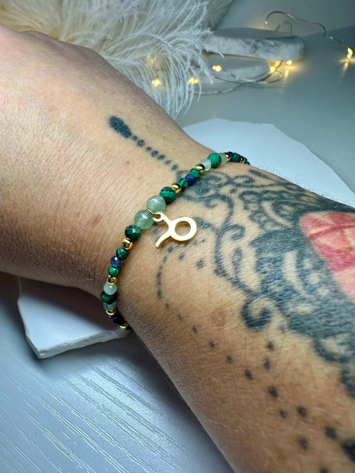 Handmade Taurus Zodiac Bracelet – Malachite, Green Aventurine & Sapphire Beads