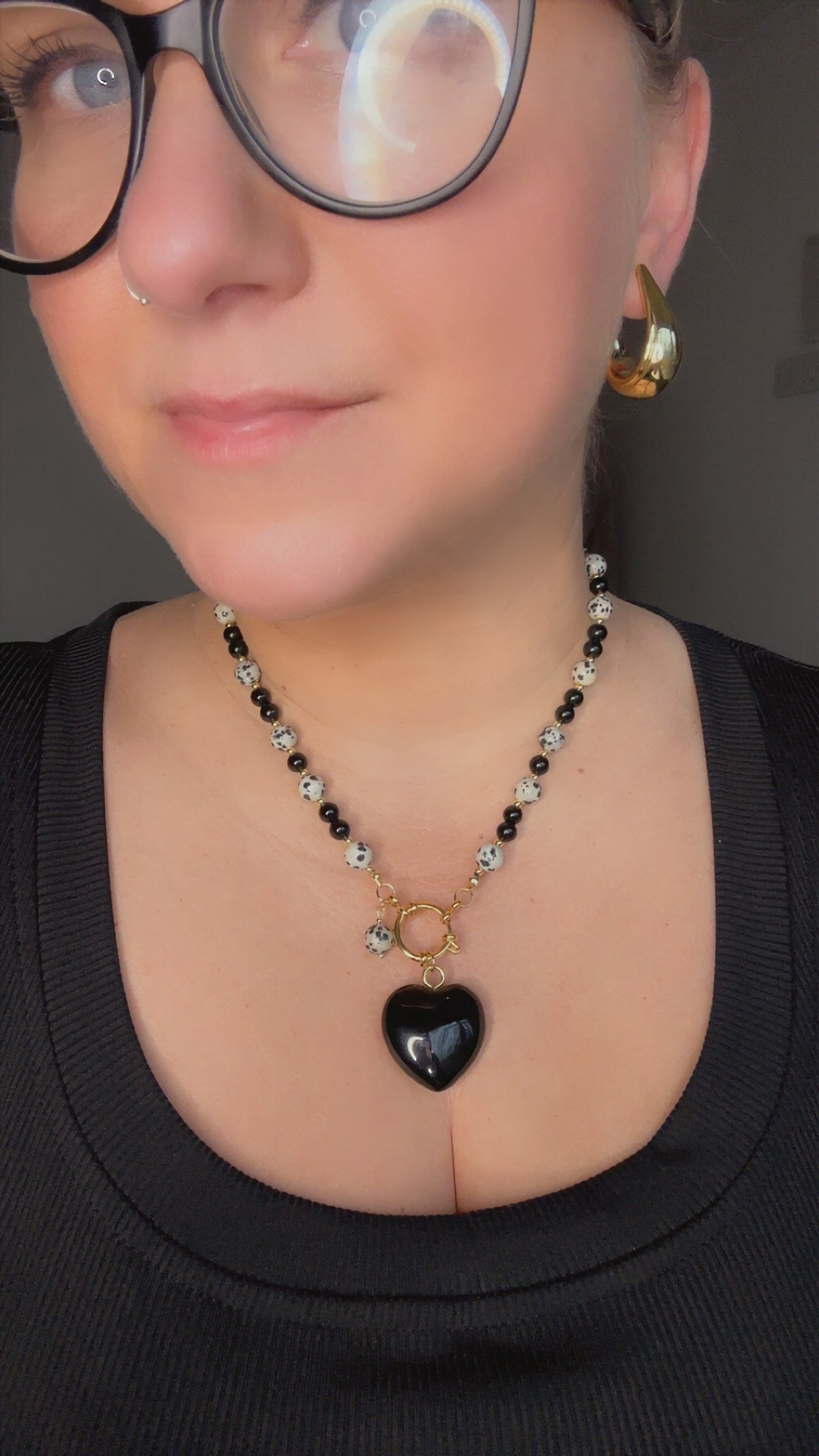 Dalmatian Jasper & Black Obsidian Heart Necklace –