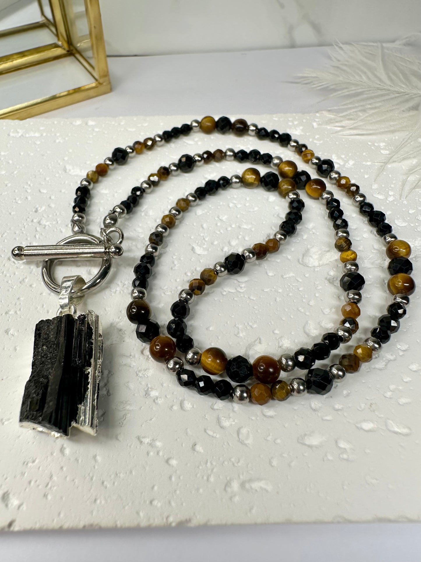 Black Tourmaline & Tiger’s Eye Necklace – Raw Crystal Pendant, Grounding & Protection
