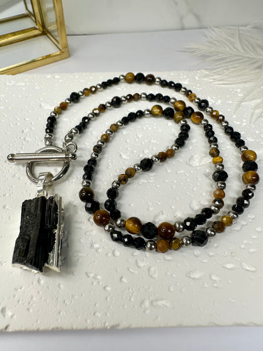 Black Tourmaline & Tiger’s Eye Necklace – Raw Crystal Pendant, Grounding & Protection