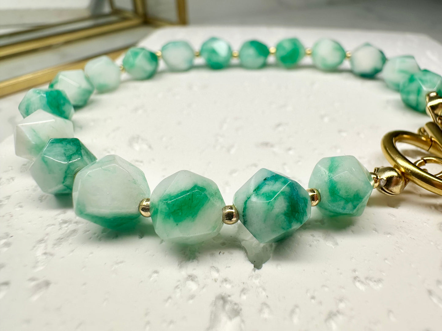 Two‑Tone Green & White Jade Bracelet • 8mm•Toggle Clasp