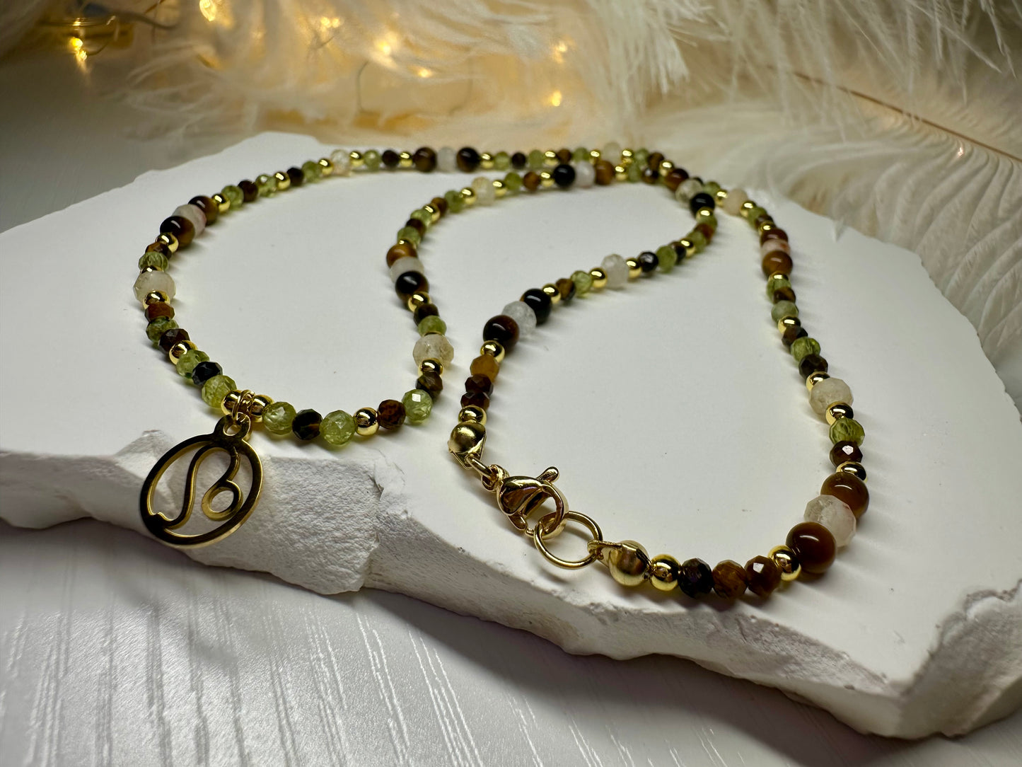 Handmade Leo Zodiac Necklace – Peridot, Tiger Eye & Citrine Beaded Crystal Jewelry Astrology Birthday Gift