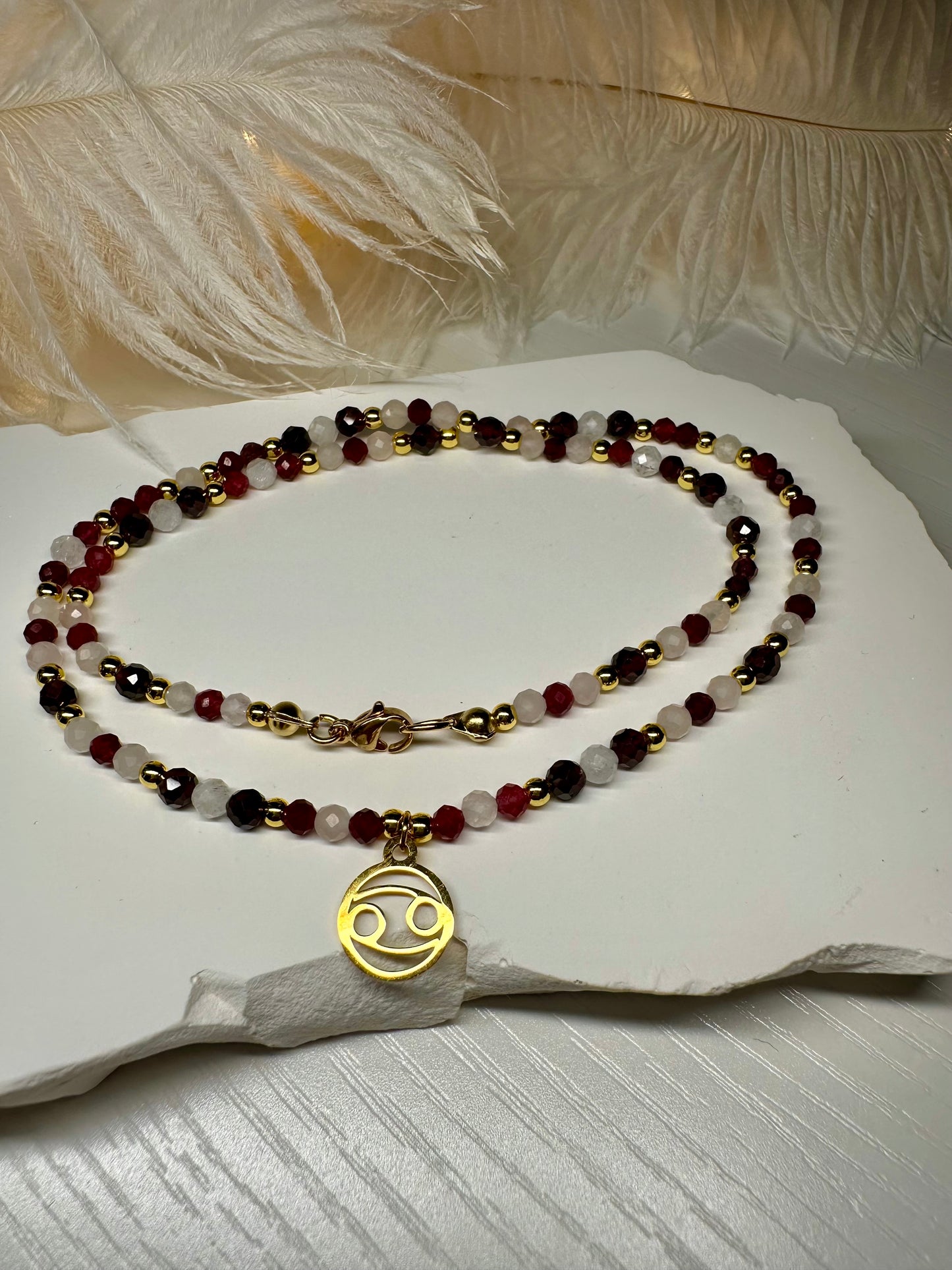 Cancer Zodiac Jewelry Set – Handmade Ruby, Rose Quartz & Moonstone Necklace and Bracelet Astrology Gift