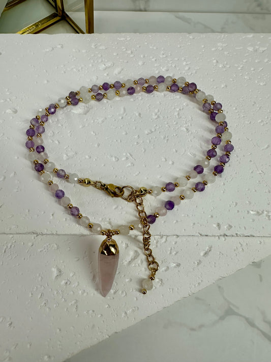 Moonstone, Amethyst & Rose Quartz Necklace, feminine energy