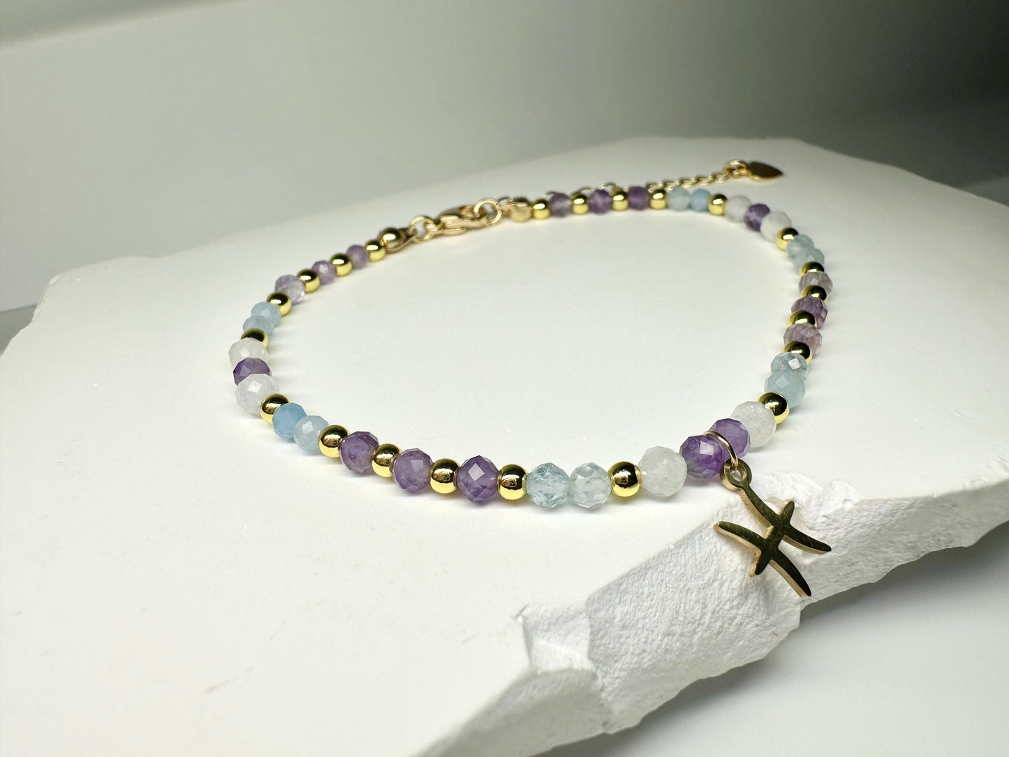 Pisces Crystal Jewellery Set – Handmade Beaded Aquamarine, Moonstone & Amethyst Necklace + Bracelet for Intuition & Calm