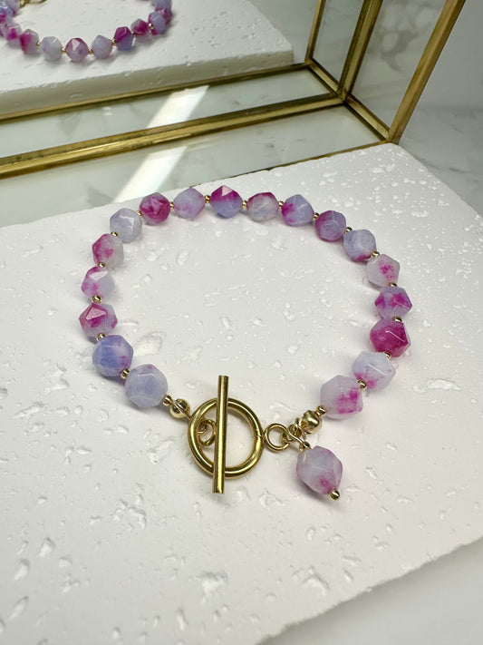Two‑Tone Purple Pink Jade Bracelet • 8mm•Toggle Clasp