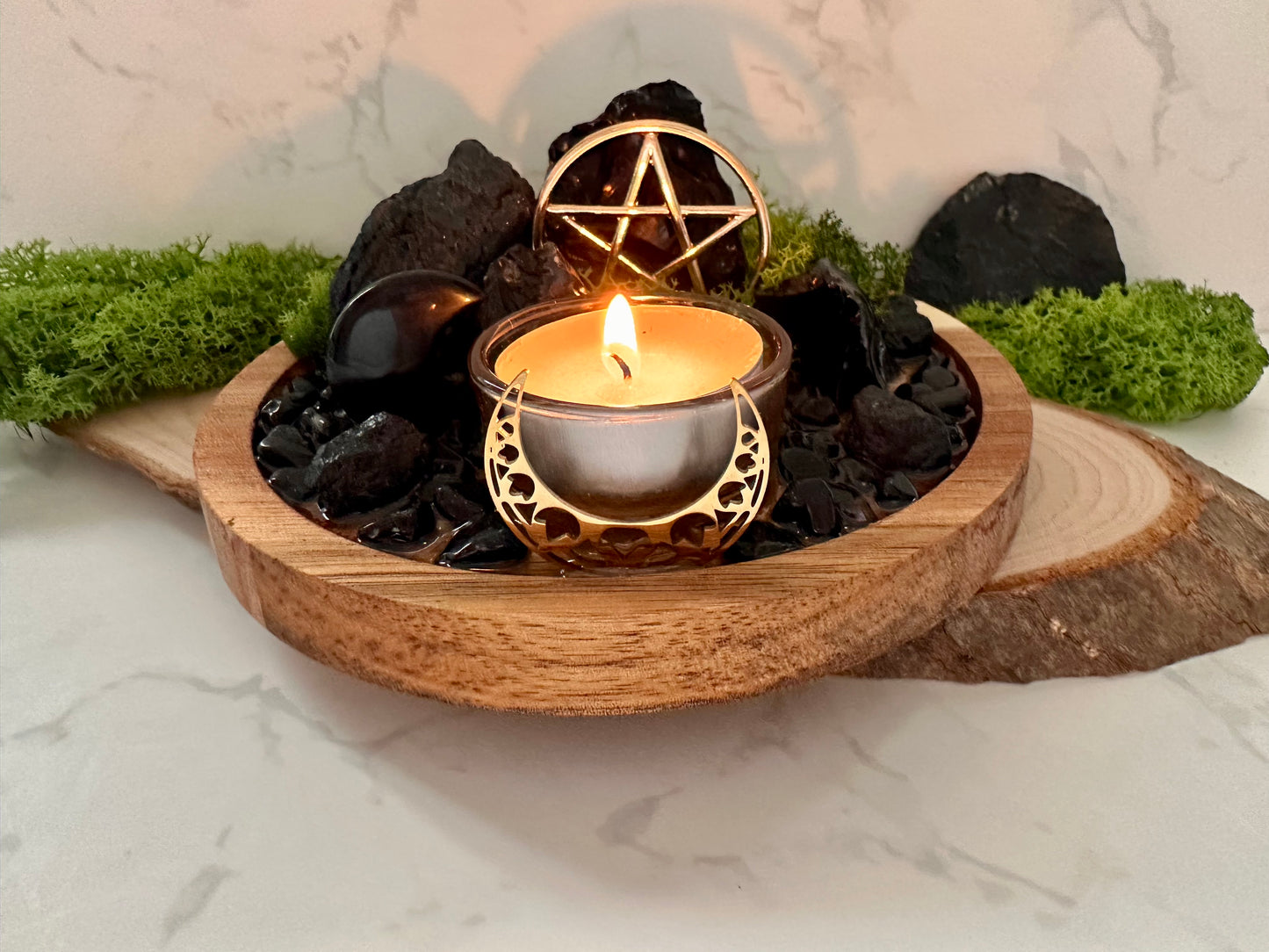 Protection Ritual Candle Holder – Black Tourmaline & Obsidian