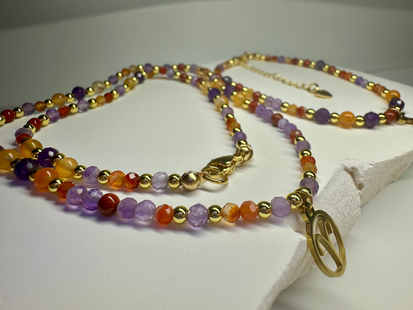 Aries Crystal Jewellery Set – Handmade Carnelian & Amethyst Beaded Necklace + Bracelet for Courage and Calm