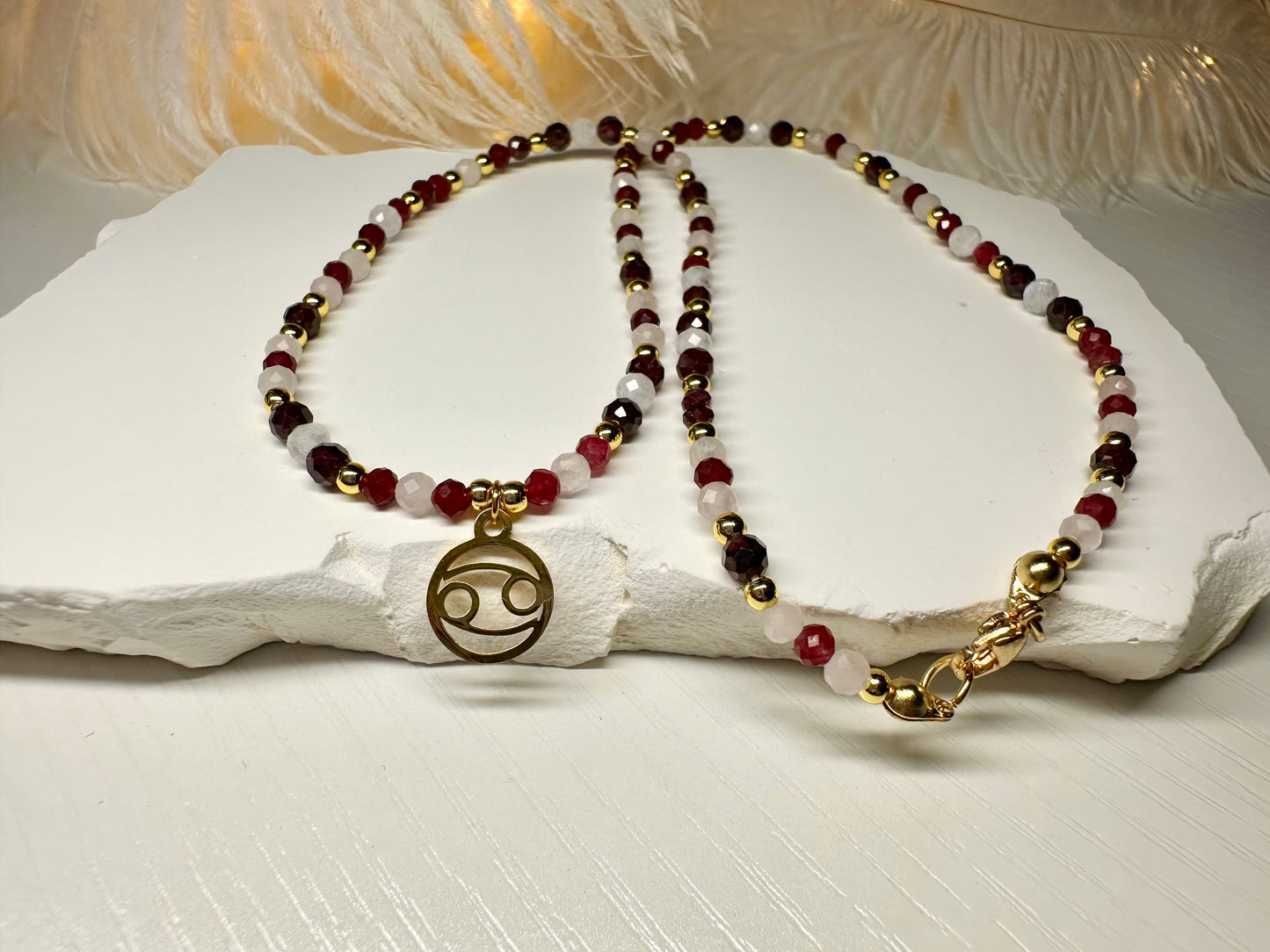Handmade Cancer Zodiac Necklace – Ruby, Rose Quartz & Moonstone, Astrology Birthday Gift