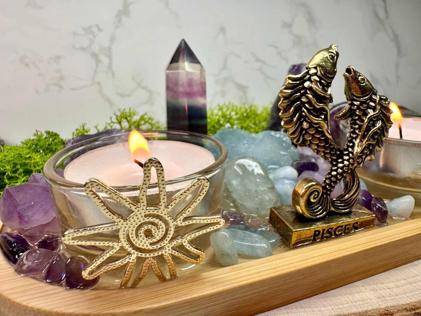 Pisces Zodiac Crystal Altar • Rainbow Fluorite, Aquamarine & Amethyst
