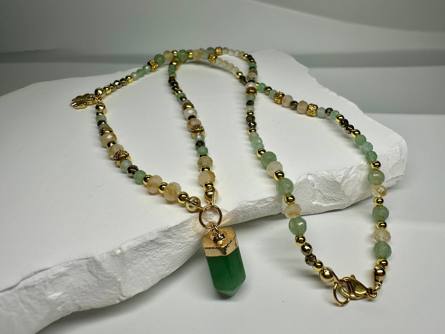Money Attraction Necklace – Citrine, Pyrite & Green Aventurine | Handmade Crystal Jewelry for Abundance & Success