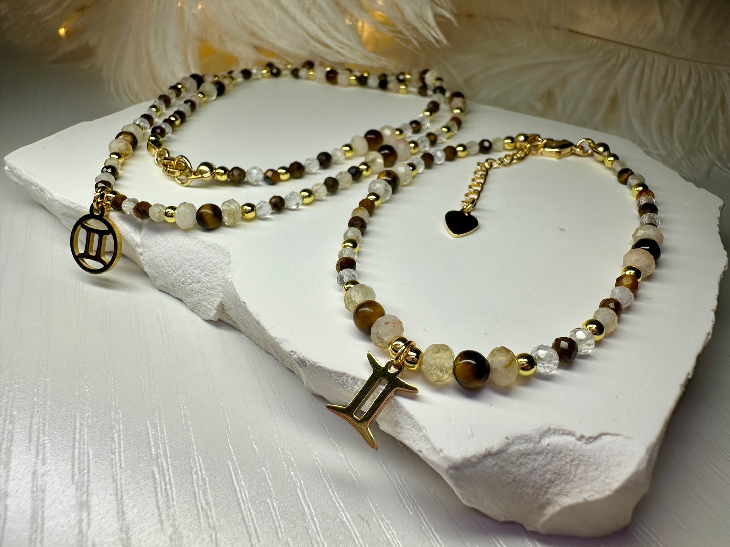 Gemini Zodiac Jewelry Set – Handmade Tiger Eye, Citrine & Clear Quartz Necklace and Bracelet Astrology Gift