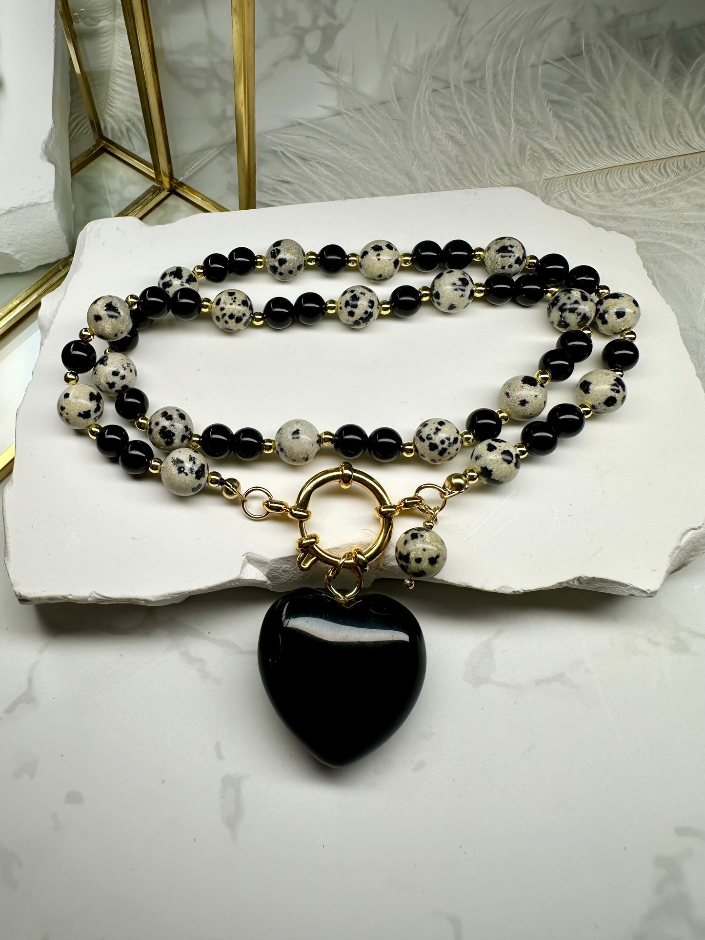 Dalmatian Jasper & Black Obsidian Heart Necklace –