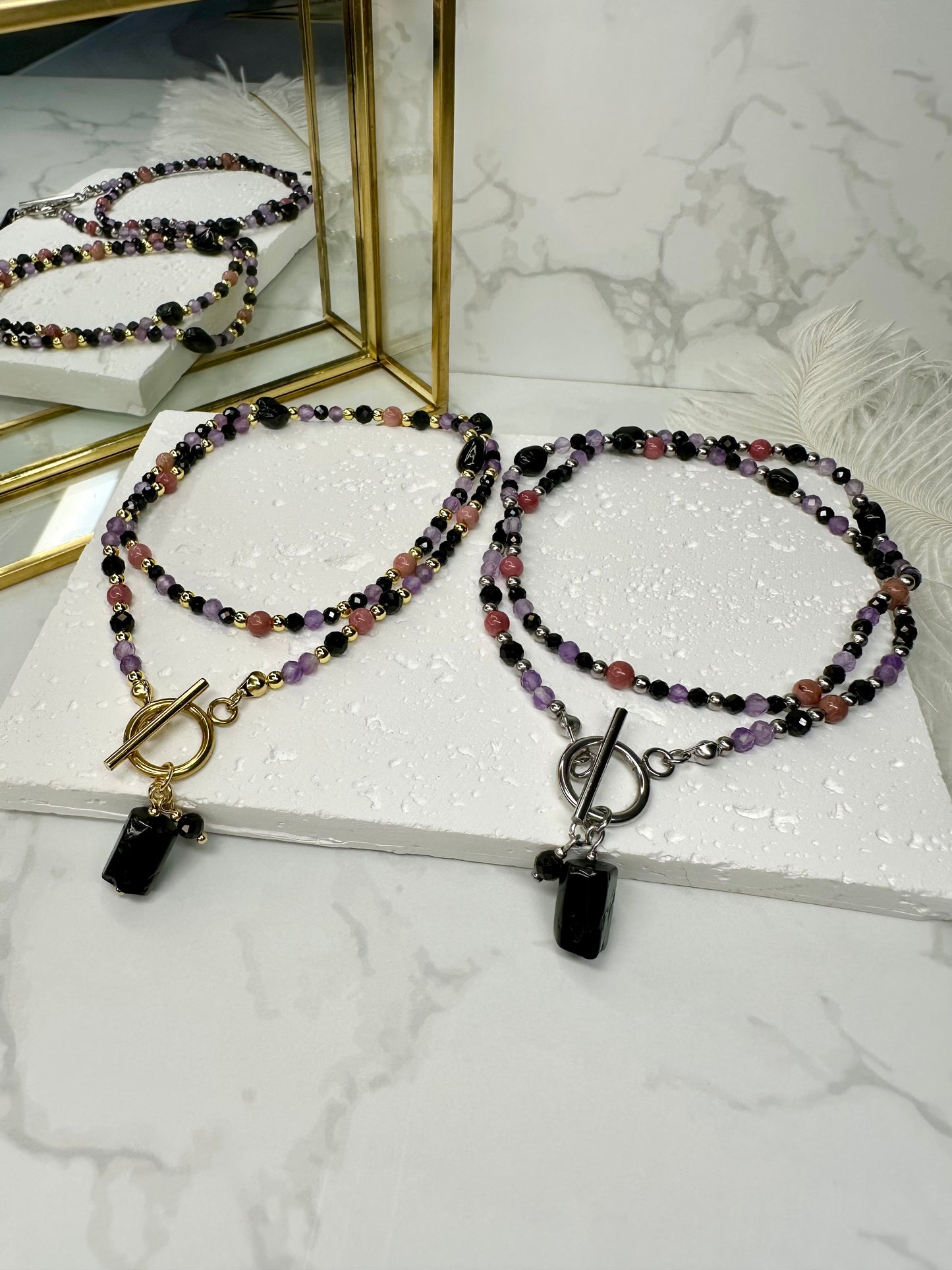 Black Tourmaline, Amethyst & Rhodonite Healing Necklace