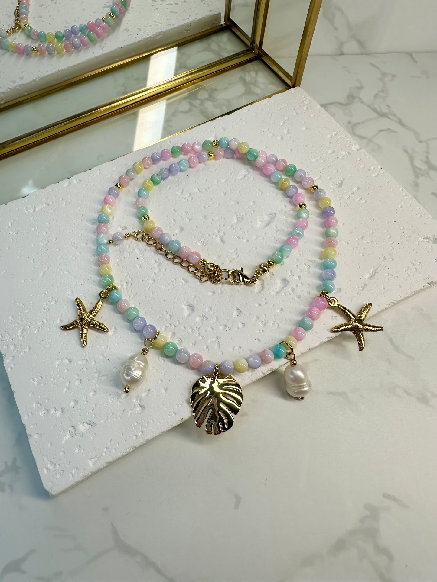 Shell Bead Necklace with Multicolour Pastel Beads, Freshwater Pearl, Starfish & Leaf Charms