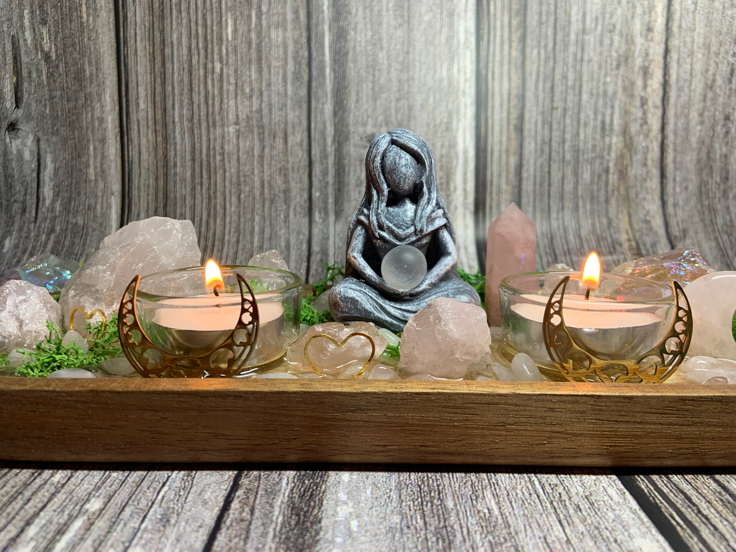 Goddess Love & Self‑Love Crystal Candle Holder | Rose Quartz - Aura Quartz Altar Tray | Divine Feminine Ritual Decor, Spiritual Gift Display