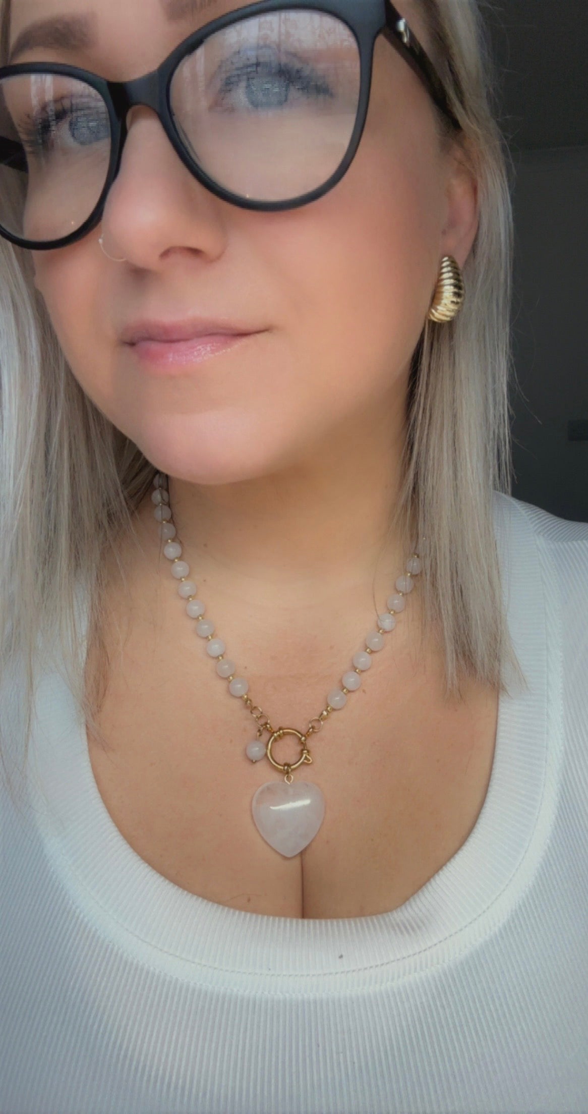 Clear Quartz Heart Necklace – 8mm Beads, Gold Clasp, Handmade Crystal Jewelry