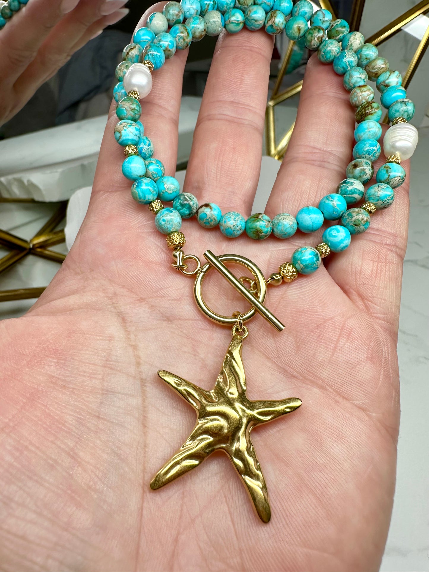 Turquoise-Blue Imperial Jasper Necklace with Baroque Pearls & Large Starfish Pendant – Gold or Silver Toggle T-Bar Handmade Ocean Jewelry