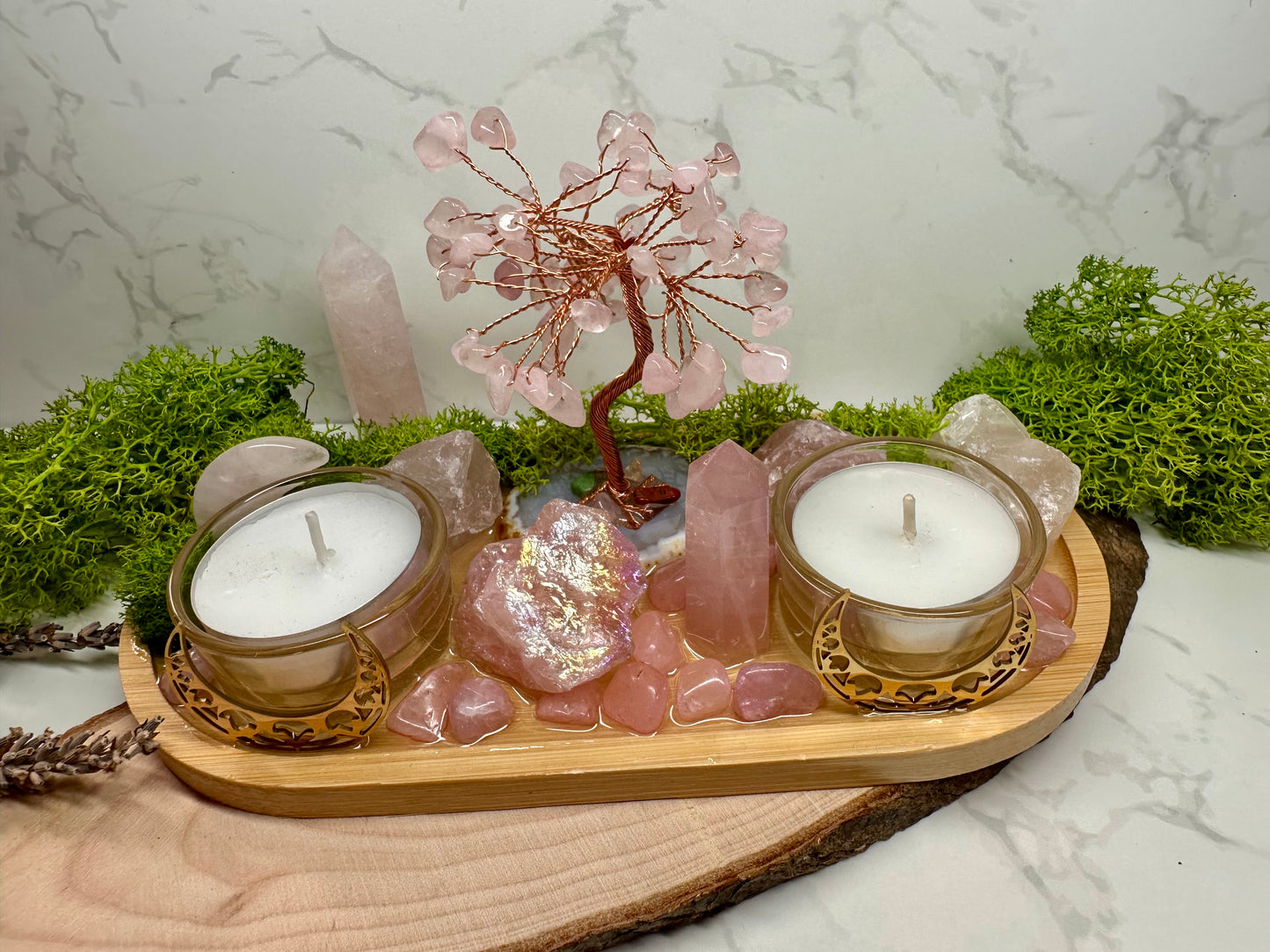 Love & Self‑Love Crystal Candle Holder | Rose Quartz Altar Tray | Divine Feminine Ritual Decor, Spiritual Gift,
