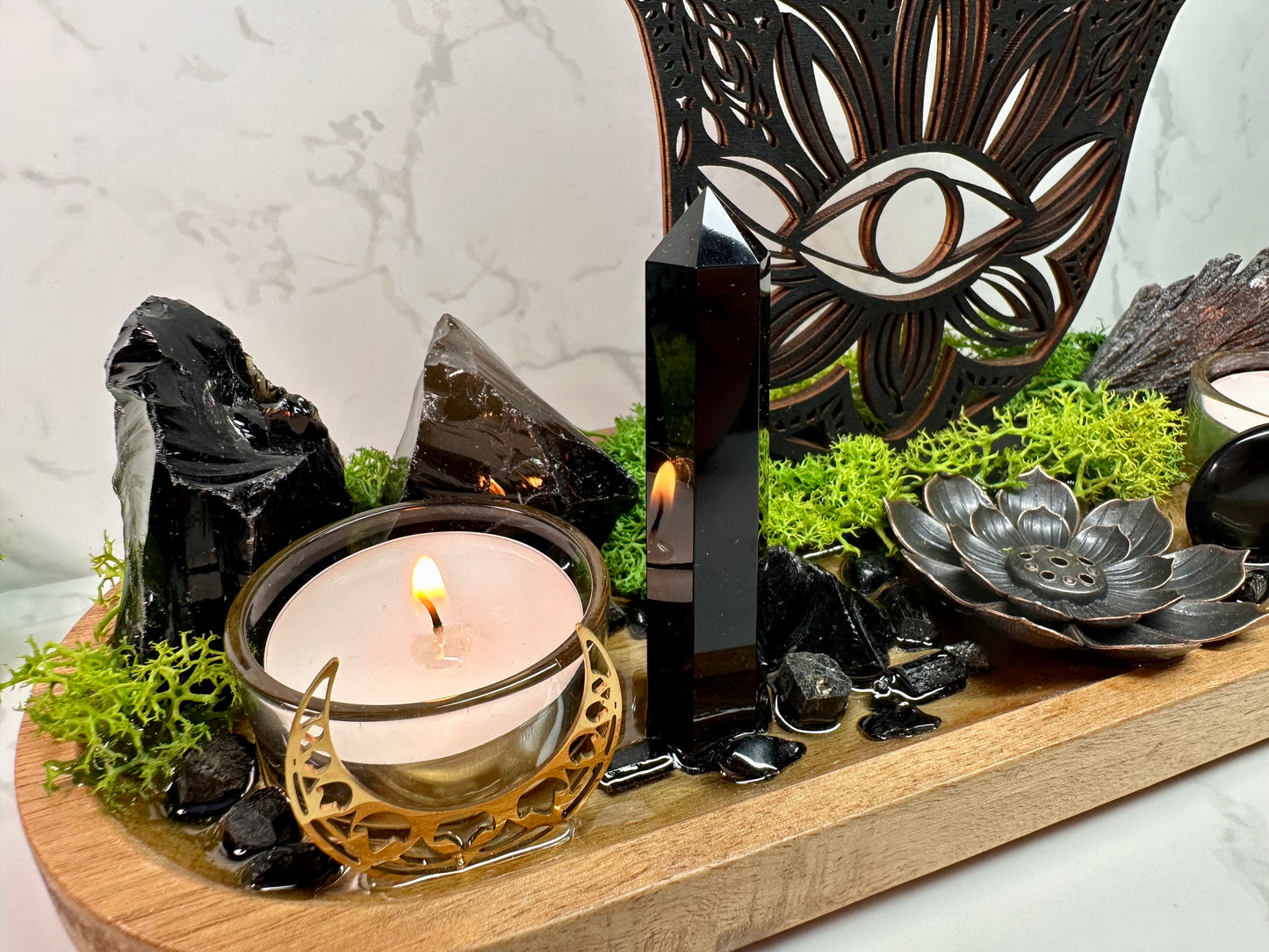 Black Tourmaline, Obsidian Protection Tray | Hamsa Hand Evil Eye Decor | Resin Altar Tray with Incense Holder | Ritual Decor, Spiritual Gift