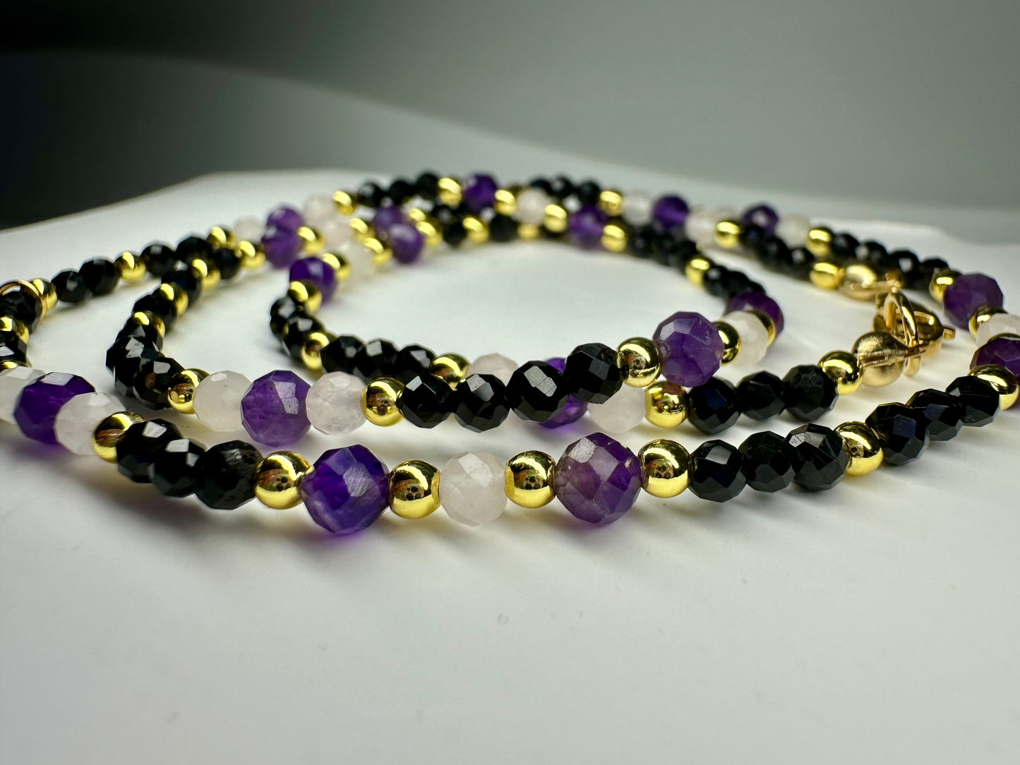 Libra Birthstone Necklace – Black Tourmaline, Rose Quartz & Amethyst | Handmade Zodiac Crystal Jewelry for Balance & Love
