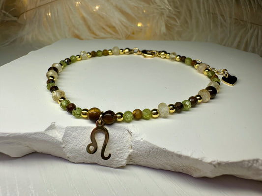 Handmade Leo Zodiac Bracelet – Peridot, Tiger Eye & Citrine Beaded Crystal Jewelry Astrology Birthday Gift