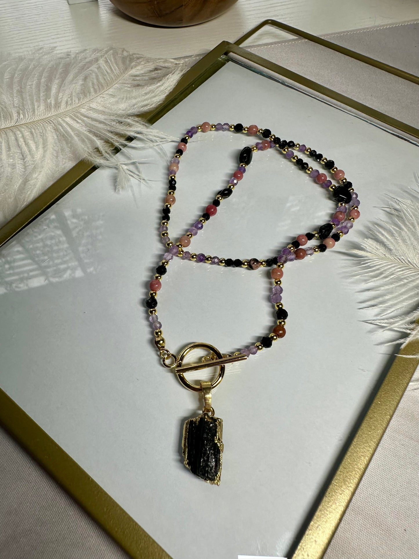 Rhodonite, Black Tourmaline & Amethyst Necklace – Crystal Protection & Intuition Jewelry