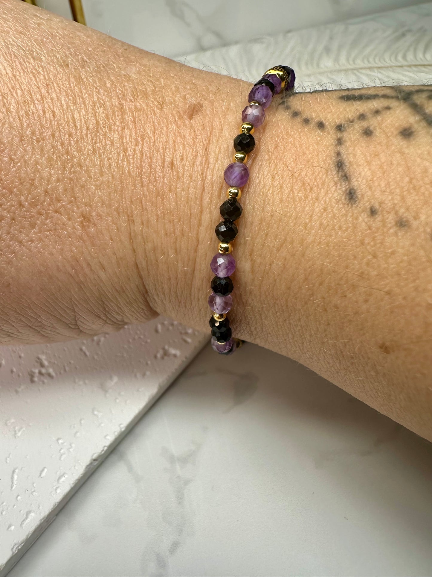 Beaded Black Tourmaline & Amethyst Bracelet