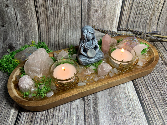 Goddess Love & Self‑Love Crystal Candle Holder | Rose Quartz - Aura Quartz Altar Tray | Divine Feminine Ritual Decor, Spiritual Gift Display