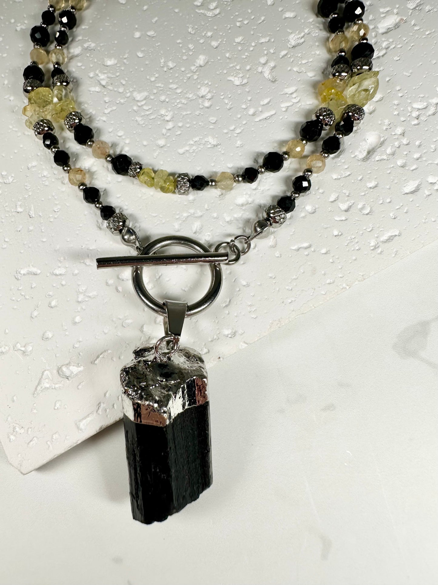 Black Tourmaline & Citrine Necklace with Raw Pendant