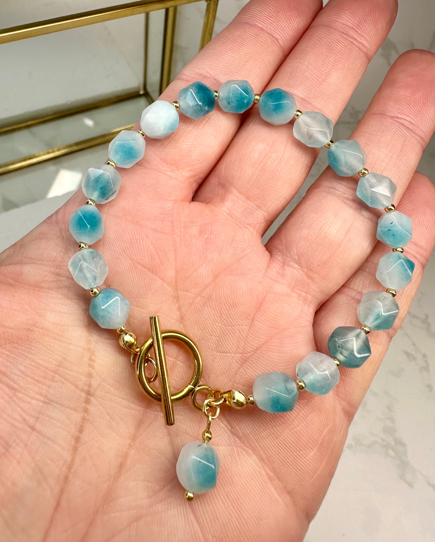 Aqua Blue Jade Bracelet • 8mm•Toggle Clasp